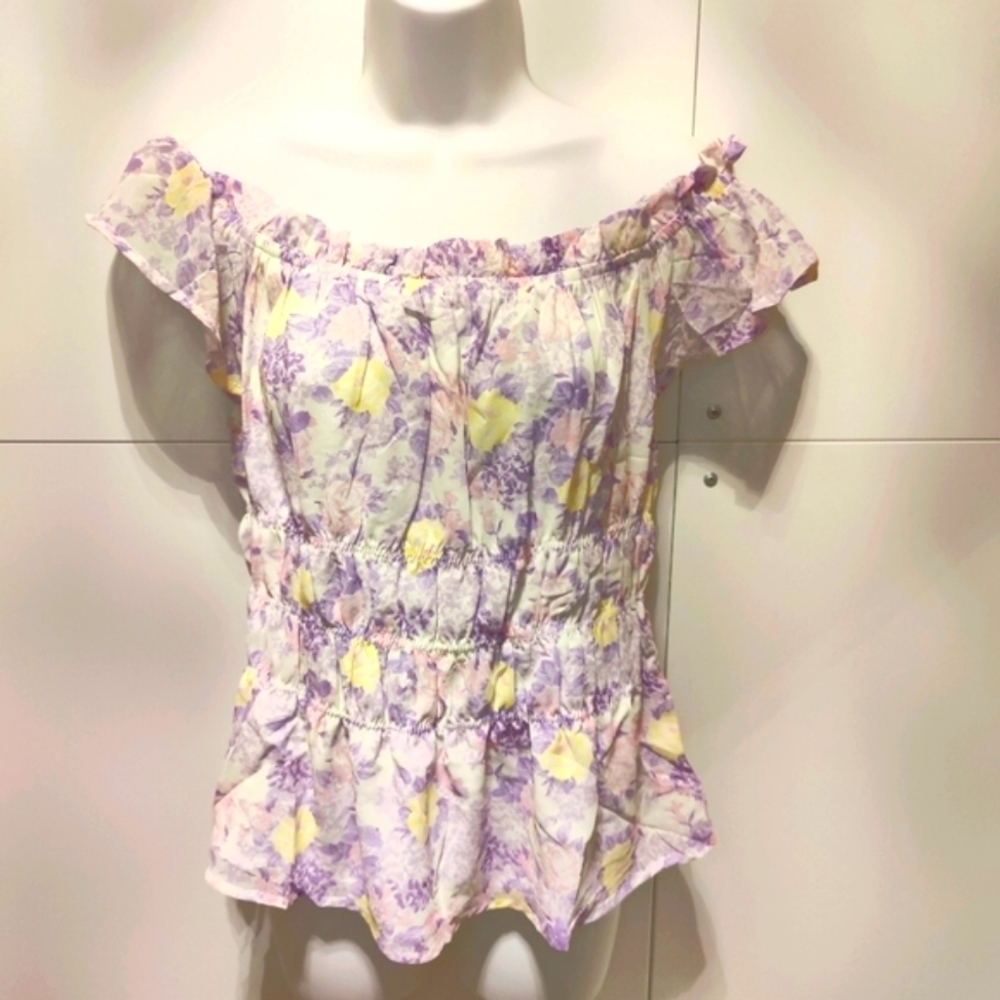 Smocked Floral Off Shoulder Blouse | Boho Ruffle Top NWT S M L - Picture 5 of 6